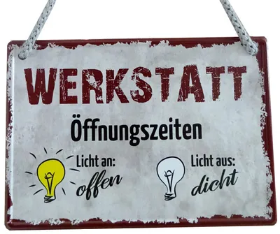 Produktbild von Lustiges Hängeschild Werkstatt-Öffnungszeiten Büro Spaß - Blechschild