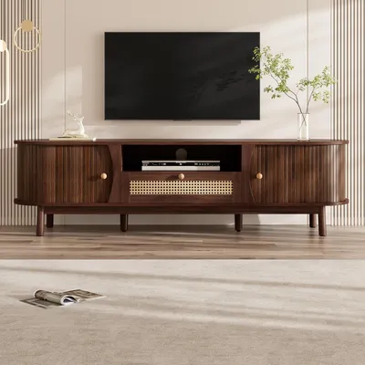 Produktbild von STILVORA TV-Schrank mit Türen und Schubladen aus Rattan mit viel Stauraum TV-Möbel mit Schiebetüren und Massivholzfüßen Lowboard im Landhausstil für Wohnzimmer，Walnuss