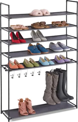 Produktbild von Relaxdays Schuhregal 6 Ebenen, Stecksystem, 20 Paar Schuhe, 7 Stiefelhaken, Metall & Stoff, Flur Schuhablage, schwarz