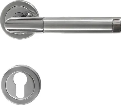 A stainless steel door handle set, including the handle and a keyhole escutcheon, displayed against a white background.