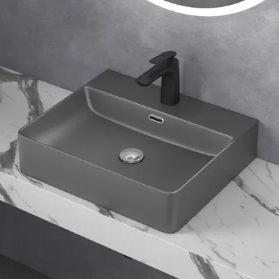 Immagine prodotto di doporro Lavabo da Appoggio Lavandino Sospeso Bagno Rettangolare 50 cm in Vetroceramica Antracite Opaco con Foro per Rubinetto e Troppopieno - Meissen201