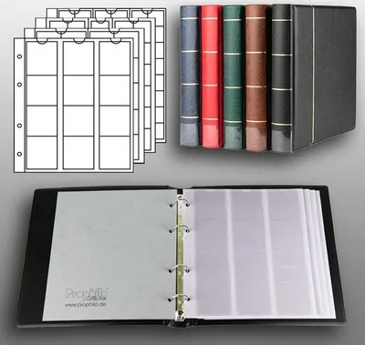 A collection of coin album pages and binders.