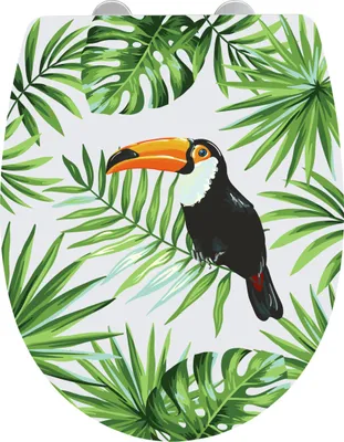 A toilet seat with a toucan and tropical leaves design.