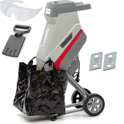 A garden shredder with accessories displayed against a white background.