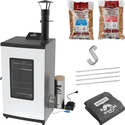 A product shot of an electric smoker and its accessories, laid out on a white background.