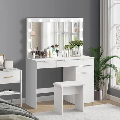 Image de Table de maquillage blanche avec miroir et tabouret - 12 lampes LED - table de maquillage moderne