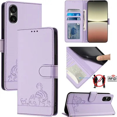 Produktbild von Leder Hülle für Sony Xperia 5 V Süße Katze Flip Case Brieftasche Schutzhülle mit Standfunktion Lila
