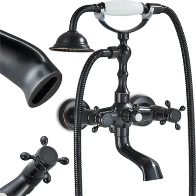 Immagine prodotto di Rubinetto da bagno vasca a parete Ari Retro, beccuccio girevole 180 gradi, cartuccia in Vetroceramica, ottone, nero anticato con doccetta