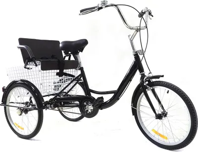 A black adult tricycle with a child seat and a basket, shown against a white background.