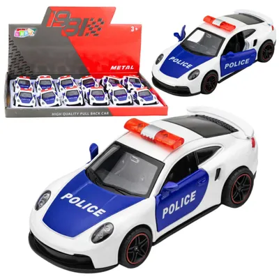 Produktbild von Sportwagen-Polizeiauto mit motorisiertem Metall-Rückziehmechanismus, weiß, Maßstab 1:43