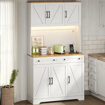 Productafbeelding van MODFU Multifunctionele keukenkast, 180 cm hoge kast met LED-verlichting en stopcontacten, dressoir met schuurdeurdesign, multifunctionele kast met uitschuifbare opbergers, wit
