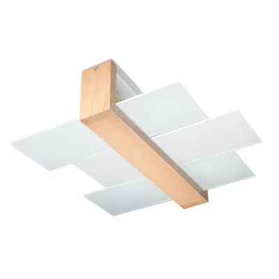 A modern ceiling light fixture with a wooden frame and white glass panels, presented against a white background.