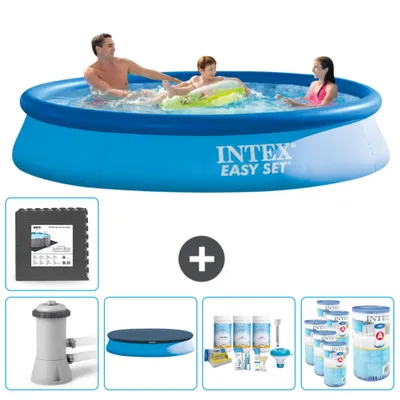 Produktbild von Intex runder aufblasbarer Easy Set-Schwimmpool – 366 x 76 cm – Blau – inklusive Pumpe Abdeckung - Wartungspaket - Filter - Bodenfliesen