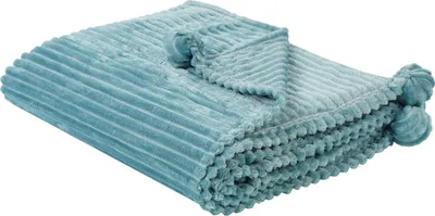 Zdjęcie produktu dla BELIANI Koc zielony 150 x 200 cm poliester prążkowany z pomponami narzuta na sofę łóżko