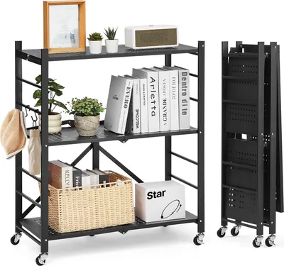 A black three-tier shelving unit with wheels, shown with various items on its shelves, and a folded version of the unit to the right.