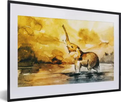 Produktbild von MuchoWow® MuchoWow® Gerahmtes Poster Elefant - Aquarellfarbe - Wasser 60x40 cm - Poster mit zchwarzem Bilderrahmen - Schlafzimmer - Plakat in Rahmen - Drucken