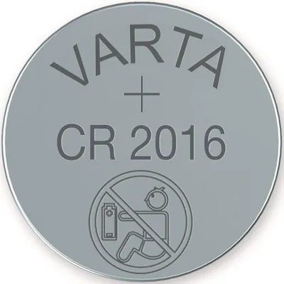 A close-up, top-down view of a VARTA CR2016 lithium coin cell battery.