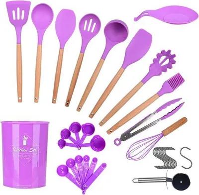 Produktbild von Silikon Kochutenset, 35-teiliges Antihaft-Silikon-Kochutenset mit Löffel, Schneidspatel, Esslöffel, Spaghettihebel, Pizzahebel, Gabel und mehr (Lila)