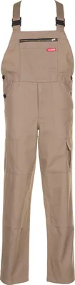 A pair of khaki cargo overalls is shown against a white background.