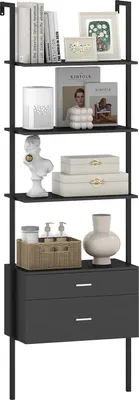 Produktbild von Wandregal im Treppenstil, 184 cm Bücherregal mit 4 offenen Regalen, 2 Schubladen, Metallrahmen, modernes Aufbewahrungs- und Ausstellungsregal, Schwarz