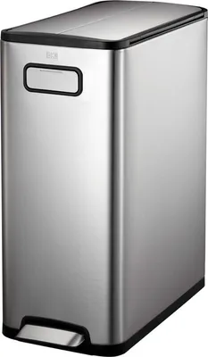 A stainless steel trash can with a pedal.