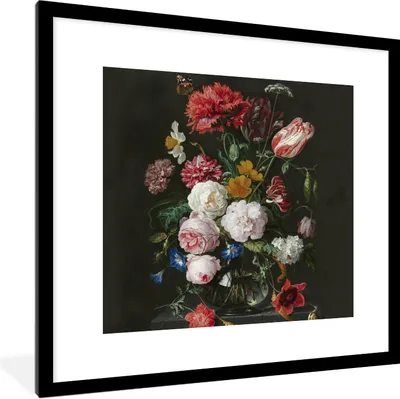 Produktbild von MuchoWow® Gerahmtes Poster Stilleben mit Blumen in einer Glasvase - Gemälde von Jan Davidsz. de Heem 40x40 cm - Poster mit Schwarzem Bilderrahmen Wandposter Rahmen Foto Bilder - Poster - Plakat im Rahmen