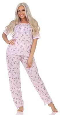 Produktbild von Damen Pyjama Hose + Shirt Schlafanzug Pyjama-Set; Rosa/L/40