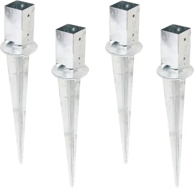 Four metal ground sleeves for fence posts, arranged in a row against a white background.