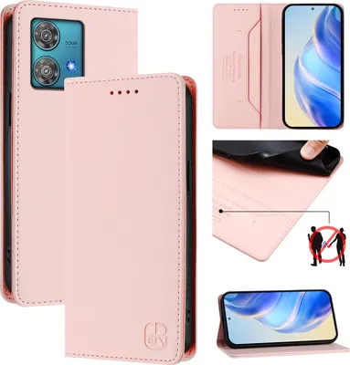 Obrázek produktu pro Kožené pouzdro pro Motorola Edge 40 Neo, flipové pouzdro s přihrádkami na karty, peněženkou a stojánkem Růžový