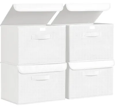 Obrázok produktu pre Úložné boxy s vekom, skladacie, s rúčkou, látkové, 4 kusy, svetlobiele