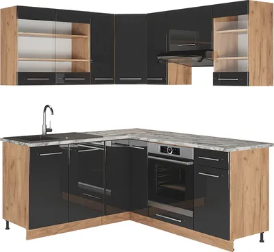Produktbild von Vicco Eckküche Fame-Line, 160 x 190 cm ohne Arbeitsplatte, Anthrazit Hochglanz/Goldkraft Eiche