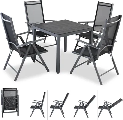 Image de Salon de jardin aluminium Bern 4+1 anthracite table 80x80cm chaise haute pliante plateau WPC dossier 7 positions mobilier de jardin