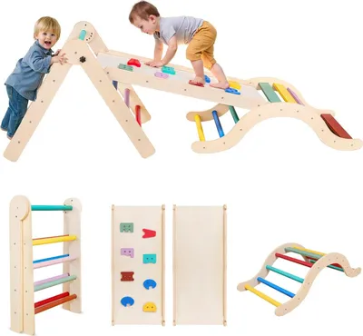 Produktbild von Montessori Kletterset - Pikler Dreieck, Bogen, Rampe & Leiter - 7‑in‑1 - Faltbar - Groß - Holz - Alter 3–6 Jahre - Mehrfarbig