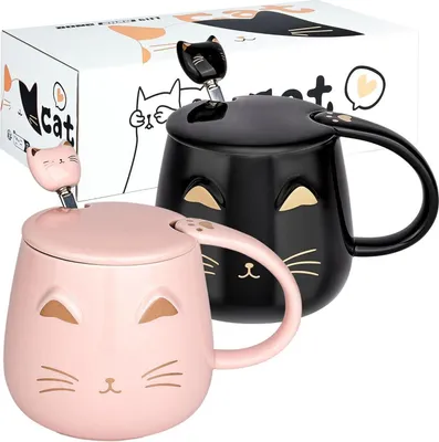 Image de lot de 2 mugs pour chats mignons avec couvercle et cuillère 450ml noir et rose
