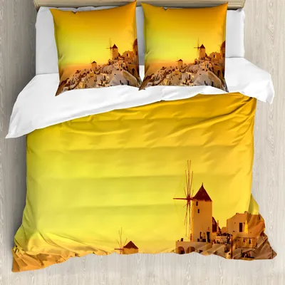 Immagine prodotto di ABAKUHAUS Grecia Set copripiumino, Tramonto a Oia Village sull'isola di Santorini, vacanze estive nel Mediterraneo, 155 x 220 cm + 80 x 80 cm, Marigold Ivory e Brown