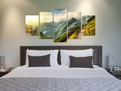 Produktbild von Akustikbild Landschaft Gebirge 200x100 cm Bilder Akustikschaum Hochleistungsschallabsorber Schallschutz Leinwand 5 tlg Wandbild Raumakustik Schalldämmung Natur Berge c-B-0037-b-m