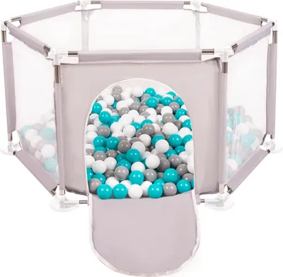 Produktbild von Selonis Laufstall Für Kinder Sechseckiger mit 400 Bunte bälle ∅6cm - Indoor spielplatz Baby Bälle für Bällebad Laufgitter faltbar Plastikbälle - Grau