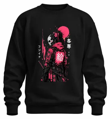 Obrázok produktu pre Cyberpunk, samuraj, lebka, sakura, japonský streetwear, štýl rokov 2000, anime, mikina s kapucňou, čierna, veľkosť M