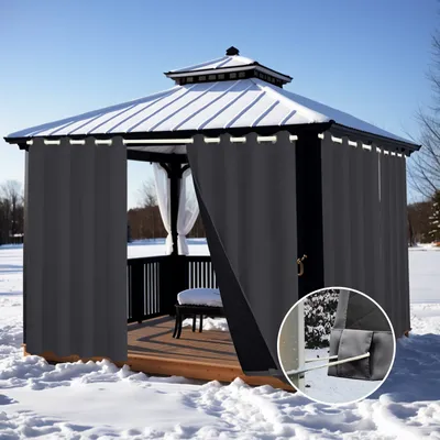 A gazebo with dark gray curtains in a snowy environment.