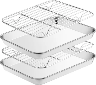 Image de Plaque à pâtisserie en acier inoxydable avec grille de refroidissement, Rectangulaire, Antiadhésive, 23.5x17.5x2.5cm