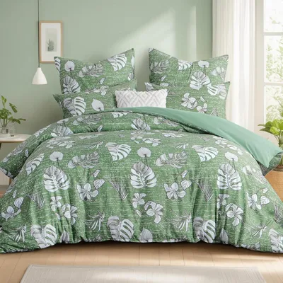 Produktbild von Bettwäsche-Set 220x240 cm 3-teilig Mikrofaser Blumenmuster Grün mit Reißverschluss