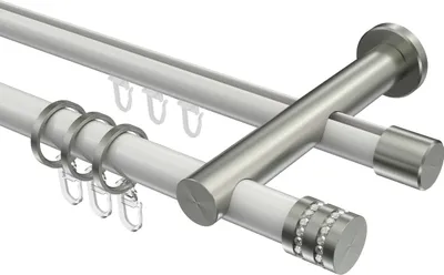 Produktbild von Interdeco Rundrohr-Innenlaufstange / Gardinenstange (Kombination) Weiß / Edelstahl-Optik, Typ Platon Estana (Glitzerkappe), 20 mm Ø 2-läufig, 200 cm