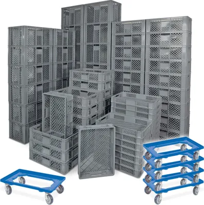 Produktbild von 78 Stück Stapelkörbe/Bäckerkästen in 5 Größen, Grundmaß LxB 600 x 400 mm, H 90 mm, 150 mm, 240 mm, 320 mm, 410 mm, Farbe grau + 5x Transportroller, blau