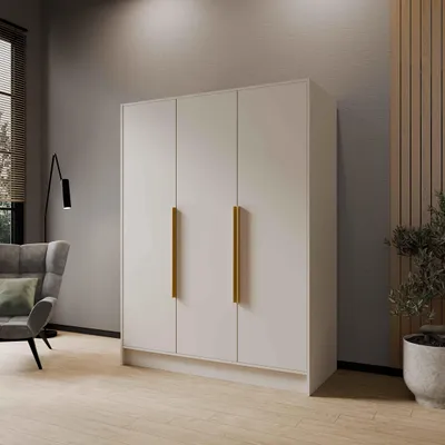 Produktbild von Drehtürenschrank PAVIA 150 cm Moderner Kleiderschrank mit glatten Türen, Kaschmir mit goldene Griffe
