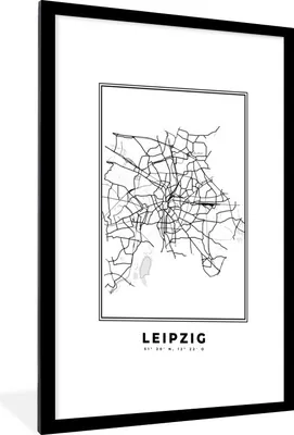 Produktbild von MuchoWow® Gerahmtes Poster Schwarz und weiß - Deutschland - Karte - Stadtplan - Leipzig 60x90 cm - Poster mit Schwarzem Bilderrahmen Wandposter Rahmen Foto Bilder - Dekoration - Wandposter Wohnzimmer - Hochwertig