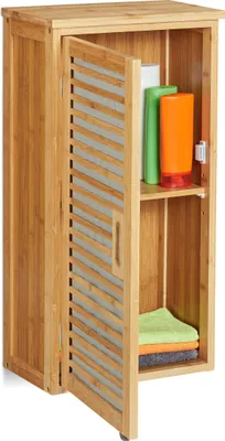 Produktbild von Relaxdays Bad-Hängeschrank, Bambus, Natur Grau, 66x35x20 cm, Lamellen-Design, 2 Ebenen, höhenverstellbarer Einlegeboden, graue Tür-Akzente, für Bad, Küche & Waschkeller