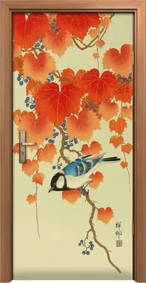 Produktbild von Türposter 90x200 cm Türaufkleber Türtapete Türfolie Klebefolie Japanische Kunst Vogel rot Efeu
