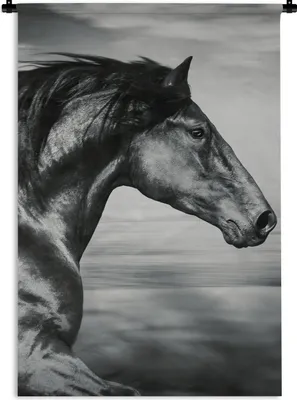 Produktbild von MuchoWow® Wandteppich Wandbehang Pferd - Tiere - Schwarz - Weiß 90x135 cm Tapisserie Dekoration Wandtuch - Baumwolle - Wandskulptur