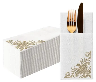 Productafbeelding van PAW Bestekservetten, stofachtig materiaal, 1/8-vouwing, 25 stuks - Gouden ornament