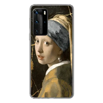 Produktbild von MuchoWow® Handyhülle Schutzhülle Hülle für Huawei P40 Pro Mädchen mit einem Perlenohrring - Marmor - Gold Silikon Softcase Handy Hülle - Schutz